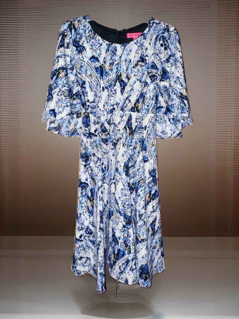 Betsey Johnson Blue & White Marble-Print Midi Dress w/Flutter Sleeves-6-EC